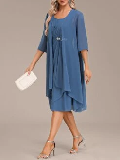 Women's Two Piece Dress Set Party Dress Chiffon Dress Party Wedding Guest Fashion Elegant Ruffle Midi Dress Crew Neck 3/4 Length Sleeve Plain Loose Fit Blue Fall Winter S M L XL XXL -Cheap Plus Fit Dress Store rlrydn1696604911313