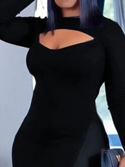 Women's Plus Size Curve Party Dress Bodycon Sheath Dress Plain Long Dress Maxi Dress Long Sleeve Mesh Cut Out Crew Neck Fashion Party Black Fall Winter L XL XXL 3XL 4XL -Cheap Plus Fit Dress Store rlvkbs1694151477691