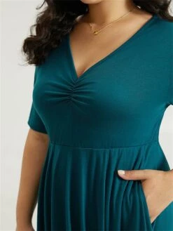 Women's Plus Size Curve Casual Dress Swing Dress A Line Dress Plain Midi Dress Half Sleeve Ruched Pocket V Neck Fashion Daily Dark Green Spring Fall L XL 2XL 3XL 4XL -Cheap Plus Fit Dress Store rlxmyg1697164737808
