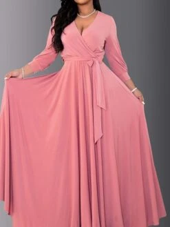 Women‘s Plus Size Curve Party Dress Solid Color V Neck Ruched Long Sleeve Winter Fall Elegant Prom Dress Maxi Long Dress Formal Party Dress