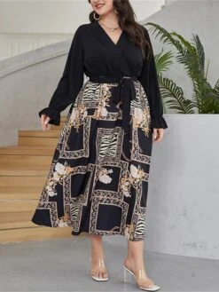 Women's Plus Size Prom Dress Party Dress Wedding Guest Dress Long Dress Maxi Dress Black Long Sleeve Floral Lace Up Fall Winter Autumn V Neck Fashion Winter Dress Evening Party Wedding Guest 2023 L -Cheap Plus Fit Dress Store rmbahp1693535315628