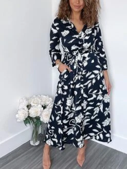 Women's Shirt Dress Casual Dress Midi Dress Outdoor Daily Vacation Polyester Fashion Modern Shirt Collar Button Pocket 3/4 Length Sleeve Summer Spring Fall 2023 Regular Fit Navy Blue Green Leaf Floral -Cheap Plus Fit Dress Store rmdwvm1689744471943