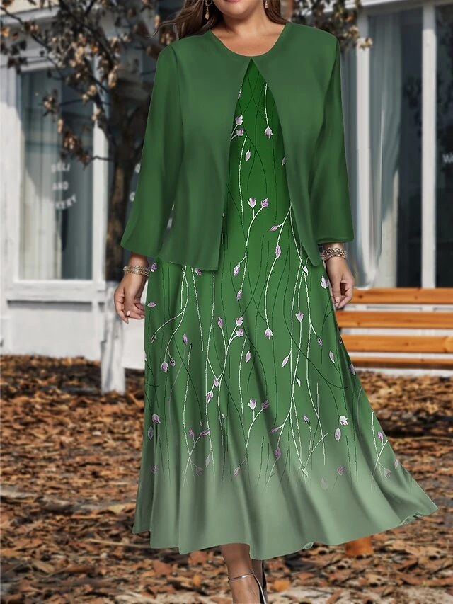 Women's Plus Size Two Piece Dress Set Casual Dress Swing Dress Outdoor Office Fashion Streetwear Print Midi Dress Crew Neck Long Sleeve Floral Ombre Regular Fit Wine Blue Green Fall Winter L XL XXL 6 Women's Plus Size Two Piece Dress Set Casual Dress Swing Dress Outdoor Office Fashion Streetwear Print Midi Dress Crew Neck Long Sleeve Floral Ombre Regular Fit Wine Blue Green Fall Winter L XL XXL - Image 6