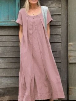 Women's Casual Dress Cotton Linen Dress Maxi Long Dress Cotton Blend Basic Classic Outdoor Daily Vacation Crew Neck Ruched Short Sleeve Summer Spring 2023 Loose Fit Black Yellow Pink Plain S M L XL