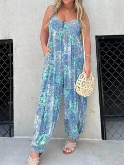 Women's Jumpsuit Pocket Print Print V Neck Streetwear Street Daily Regular Fit Sleeveless Yellow Red Blue S M L Summer