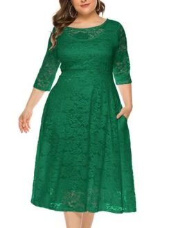 Women‘s Plus Size Curve Party Dress Black Dress Floral Crew Neck Lace 3/4 Length Sleeve Spring Fall Work Prom Dress Midi Dress Party -Cheap Plus Fit Dress Store rnnwvd1628496514708