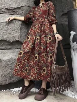 Women's Casual Dress Cotton Linen Dress Swing Dress Maxi Long Dress Linen Cotton Blend Daily Casual Outdoor Daily Vacation Split Neck Button Print Long Sleeve Spring Fall Winter 2023 Loose Fit Yellow -Cheap Plus Fit Dress Store rnrody1695284227802