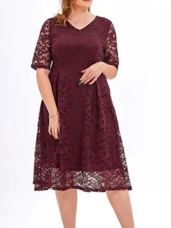 Women‘s Plus Size Curve Party Dress Lace Dress Cocktail Dress Midi Dress Black Pink Wine Half Sleeve Pure Color Lace Summer Spring Fall V Neck Fashion Birthday Wedding Guest Vacation 2023 -Cheap Plus Fit Dress Store robeci1691564495375