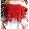 Women's Blouse Christmas Shirt Red Snowflake Print Long Sleeve Party Christmas Casual Festival / Holiday Fur Collar Regular Fit Lantern Sleeve Spring &Fall