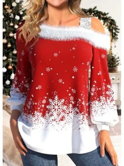 Women's Blouse Christmas Shirt Red Snowflake Print Long Sleeve Party Christmas Casual Festival / Holiday Fur Collar Regular Fit Lantern Sleeve Spring &Fall