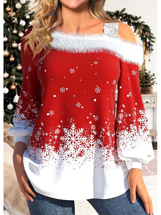 Women's Blouse Christmas Shirt Red Snowflake Print Long Sleeve Party Christmas Casual Festival / Holiday Fur Collar Regular Fit Lantern Sleeve Spring &Fall 1 Women's Blouse Christmas Shirt Red Snowflake Print Long Sleeve Party Christmas Casual Festival / Holiday Fur Collar Regular Fit Lantern Sleeve Spring &Fall