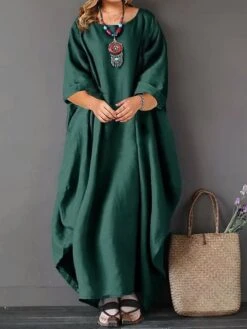 Women‘s Plus Size Curve Casual Dress Linen Dress White Dress Solid Color Long Dress Maxi Dress Long Sleeve Pocket Crew Neck Basic Daily White Red Summer Spring L XL XXL 3XL 4XL