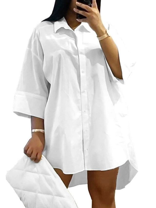 Women‘s Plus Size Curve Shirt Dress Solid Color Shirt Collar Long Sleeve Fall Spring Basic Casual Short Mini Dress Casual Daily Dress 2 Women‘s Plus Size Curve Shirt Dress Solid Color Shirt Collar Long Sleeve Fall Spring Basic Casual Short Mini Dress Casual Daily Dress - Image 2