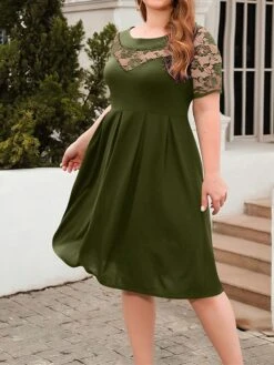 Women's Plus Size Curve Party Dress Lace Dress Semi Formal Dress Solid Color Midi Dress Short Sleeve Lace Crew Neck Fashion Party ArmyGreen Black Fall Winter XL XXL 3XL 4XL -Cheap Plus Fit Dress Store rouykh1695813618118