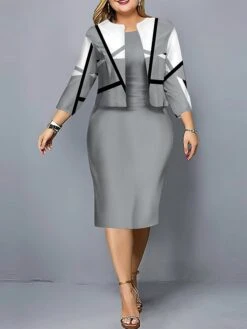 Women's Plus Size Curve Casual Dress Black Dress Set Two Piece Dress Geometric Color Block Midi Dress Long Sleeve Print Crew Neck Fashion Outdoor