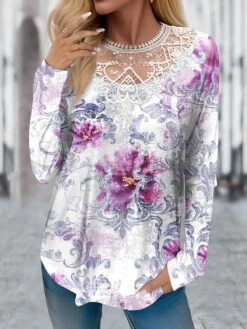 Women's T Shirt Tee Purple Floral Lace Print Long Sleeve Holiday Weekend Fashion Round Neck Regular Fit Floral Painting Spring &Fall