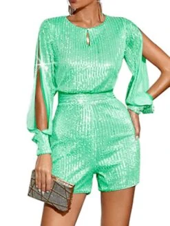 Women‘s Romper Split Sparkly Sequin Solid Color Crew Neck Streetwear Party Going Out Regular Fit Long Sleeve Black White Light Green S M L Fall 21 Women‘s Romper Split Sparkly Sequin Solid Color Crew Neck Streetwear Party Going Out Regular Fit Long Sleeve Black White Light Green S M L Fall -Cheap Plus Fit Dress Store rpfehe1691747307010