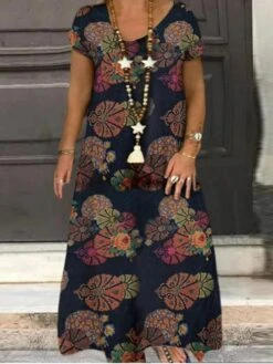Women's Plus Size Curve A Line Dress Floral V Neck Print Short Sleeve Spring Summer Charm Casual Classic Maxi Long Dress Daily Vacation Dress / Graphic
