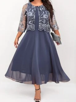 Women's Plus Size Two Piece Dress Set Party Dress Lace Dress Party Wedding Guest Fashion Elegant Lace Patchwork Midi Dress Crew Neck 3/4 Length Sleeve Plain Regular Fit Navy Blue Fall Winter L XL XXL -Cheap Plus Fit Dress Store rqjflx1696906723385