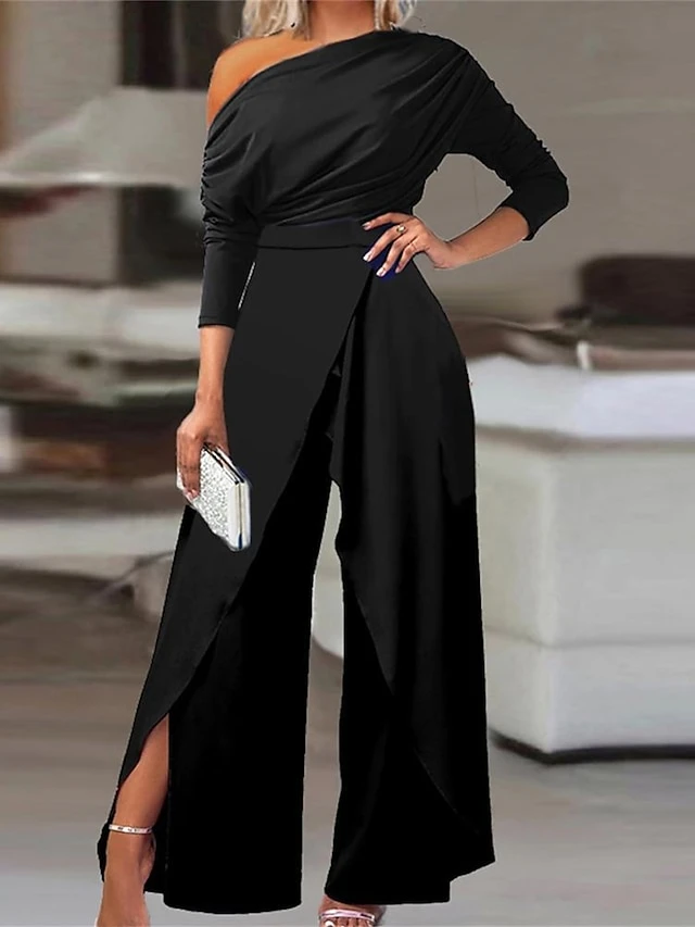 Women's Jumpsuit Split High Waist Solid Color Cold Shoulder Elegant Party Prom Regular Fit 3/4 Length Sleeve Black S M L Fall Cold Weather 1 Women's Jumpsuit Split High Waist Solid Color Cold Shoulder Elegant Party Prom Regular Fit 3/4 Length Sleeve Black S M L Fall Cold Weather