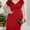 Women‘s Plus Size Curve Work Dress Sheath Dress Semi Formal Dress Fashion Midi Dress Ruched V Neck Short Sleeve Plain Regular Fit Black Red Blue Summer Spring L XL XXL 3XL 4XL