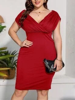 Women‘s Plus Size Curve Work Dress Sheath Dress Semi Formal Dress Fashion Midi Dress Ruched V Neck Short Sleeve Plain Regular Fit Black Red Blue Summer Spring L XL XXL 3XL 4XL