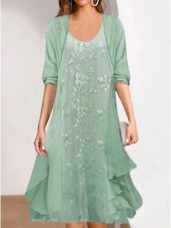 Women's Two Piece Dress Set Chiffon Dress Print Dress Formal Outdoor Fashion Mature Print Midi Dress Crew Neck Half Sleeve Floral Loose Fit Pink Blue Green Summer Spring S M L XL XXL -Cheap Plus Fit Dress Store rqqokm1681180721164