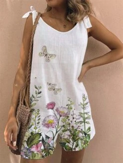 Women's Romper Print Floral Crew Neck Holiday Street Daily Regular Fit Strap White Yellow Light Green S M L Summer