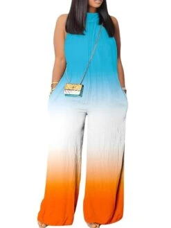 Women's Jumpsuit Pocket Print Gradient Stand Collar Streetwear Daily Vacation Regular Fit Sleeveless Blue Orange Green S M L Summer -Cheap Plus Fit Dress Store rrfmih1678258870989