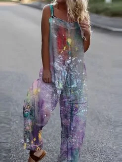 Jumpsuits For Women Summer Overall Print Floral Square Neck Streetwear Daily Vacation Loose Fit Sleeveless White Royal Blue Blue S M L