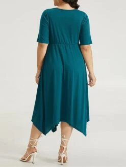 Women's Plus Size Curve Casual Dress Swing Dress A Line Dress Plain Midi Dress Half Sleeve Ruched Pocket V Neck Fashion Daily Dark Green Spring Fall L XL 2XL 3XL 4XL -Cheap Plus Fit Dress Store rrwlgk1697164736201