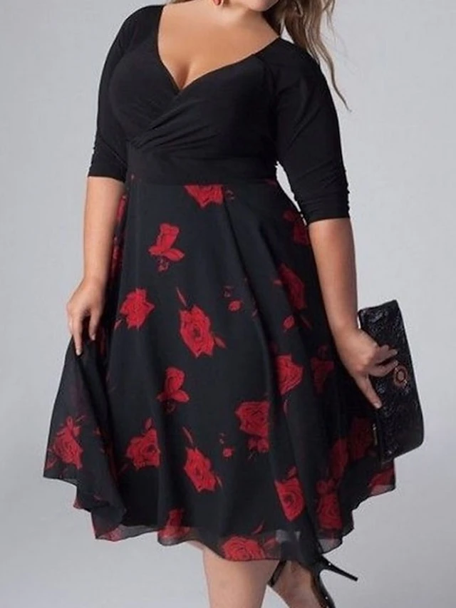 Women‘s Plus Size Curve Holiday Dress Floral V Neck Print Half Sleeve Fall Winter Casual Midi Dress Daily Dress 3 Women‘s Plus Size Curve Holiday Dress Floral V Neck Print Half Sleeve Fall Winter Casual Midi Dress Daily Dress - Image 3