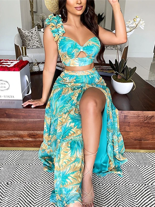 Women's Dress Set Two Piece Dress Skirt Set Long Dress Maxi Dress Green Sleeveless Floral Backless Summer Spring One Shoulder Stylish 2023 S M L XL 1 Women's Dress Set Two Piece Dress Skirt Set Long Dress Maxi Dress Green Sleeveless Floral Backless Summer Spring One Shoulder Stylish 2023 S M L XL