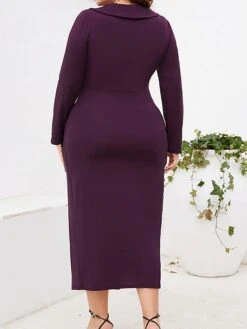 Women‘s Plus Size Curve Party Dress Cocktail Dress Bodycon Midi Dress Black Wine Purple Long Sleeve Pure Color Ruched Spring Fall Winter V Neck Fashion Winter Dress Birthday Wedding Guest 2023 -Cheap Plus Fit Dress Store rsxgws1691464086964