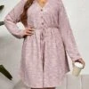 Women's Plus Size Curve Casual Dress Winter Dress Sheath Dress Plain Midi Dress Long Sleeve Lace Up Button V Neck Fashion Outdoor Pink Fall Winter XL XXL 3XL 4XL