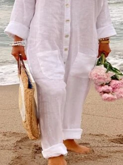 Women's Jumpsuit Pocket Solid Color V Neck Streetwear Daily Vacation Regular Fit Long Sleeve White S M L Spring -Cheap Plus Fit Dress Store rsyyvn1676364214728