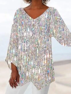 Women's Shirt Blouse Silver Blue Sky Blue Graphic Asymmetric Print Long Sleeve Casual Basic V Neck Regular Fit Spring Fall -Cheap Plus Fit Dress Store rtejex1680837149020