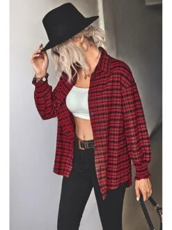 Women's Shirt Blouse Black Red Green Plaid Button Print Long Sleeve Casual Fashion Shirt Collar Regular Fit Spring &Fall -Cheap Plus Fit Dress Store rtfioo1693565012771