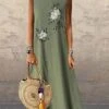 Women's Casual Dress Cotton Dress A Line Dress Maxi Long Dress Cotton Blend Basic Modern Outdoor Daily Vacation Crew Neck Print Sleeveless Summer Spring 2023 Loose Fit Blue Green Gray Flower M L XL