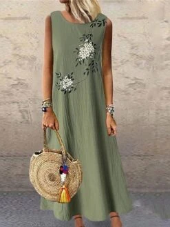 Women's Casual Dress Cotton Dress A Line Dress Maxi Long Dress Cotton Blend Basic Modern Outdoor Daily Vacation Crew Neck Print Sleeveless Summer Spring 2023 Loose Fit Blue Green Gray Flower M L XL