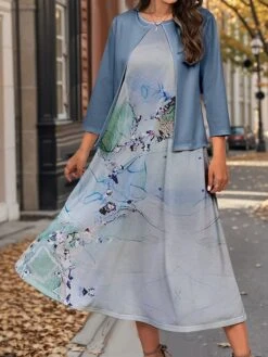 Women's Two Piece Dress Set Casual Dress Swing Dress Outdoor Office Fashion Streetwear Print Midi Dress Crew Neck 3/4 Length Sleeve Floral Ombre Regular Fit Pink Blue Purple Fall Winter S M L XL XXL -Cheap Plus Fit Dress Store rtiyou1697782916888