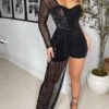 Women‘s Jumpsuit Sparkly Backless Sequin Solid Color One Shoulder Streetwear Wedding Party Regular Fit Long Sleeve Black Apricot S M L Summer