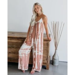 Jumpsuits For Women Fall Tie Dye V Neck Pink Fall Winter Basic Casual Daily Wide Leg Loose Strap Sleeveless Blue Black Gray S M L