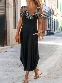 Women's Casual Dress Lace Dress Black Dress Long Dress Maxi Dress Polyester Fashion Casual Daily Vacation Going Out Strap Lace Patchwork Short Sleeve Summer Spring 2023 Loose Fit Black Plain S M L XL