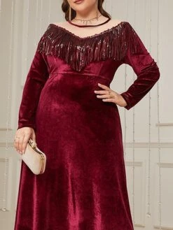 Women's Plus Size Curve Velvet Dress Casual Dress Winter Dress Plain Long Dress Maxi Dress Long Sleeve Tassel Fringe V Neck Fashion Outdoor Burgundy Fall Winter L XL XXL 3XL 4XL -Cheap Plus Fit Dress Store rtttme1697689534053