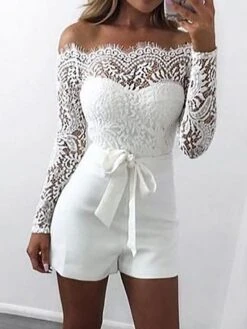 White Jumpsuit For Women Sexy Romper Lace Backless Solid Color Off Shoulder Elegant Party Street Regular Fit Long Sleeve S M L Summer