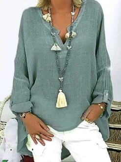 Women's Shirt Blouse Black White Pink Plain Button Long Sleeve Casual Beach Basic V Neck Loose Fit S -Cheap Plus Fit Dress Store ruliuw1619151265555