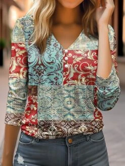 Women's T Shirt Tee Pink Red Blue Graphic Button Print Long Sleeve Daily Weekend Fashion Daily Basic V Neck Regular Fit Painting Fall & Winter