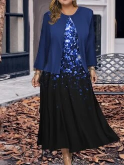 Women's Plus Size Two Piece Dress Set Casual Dress Swing Dress Outdoor Office Fashion Streetwear Print Midi Dress Crew Neck Long Sleeve Ombre Regular Fit Wine Navy Blue Blue Fall Winter L XL XXL 3XL -Cheap Plus Fit Dress Store ruomeh1697785909410