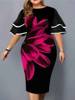 Women‘s Plus Size Curve Party Dress Floral Crew Neck Ruffle Short Sleeve Spring Fall Work Casual Prom Dress Midi Dress Casual Daily DressPrint -Cheap Plus Fit Dress Store ruouwm1637920826638